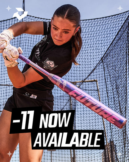 A young woman in sports gear swings the 2027 DeMarini Future (-11) Fastpitch Softball Bat (WBD2726010) in a batting cage. Text on the image says "-11 NOW AVAILABLE," featuring advanced Dark Matter Composite technology.