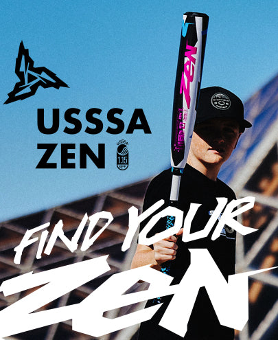 A person in a black shirt and cap holds the 2025 DeMarini ZEN (-10) 2 3/4" USSSA Baseball Bat (USED). Bold text reads "USSSA ZEN" and "FIND YOUR ZEN," alongside the DeMarini logo. Features advanced Dark Matter Composite technology.