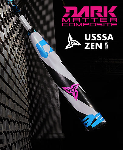 The 2025 DeMarini ZEN (-8) 2 3/4" USSSA Baseball Bat (WBD2533010) in white, black, blue, and pink hangs vertically before a patterned metal wall, showing bold DARK MATTER COMPOSITE and USSSA ZEN logos on a black background.