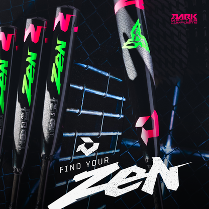 Four black 2025 DeMarini ZEN Limited Edition (-10) 2 3/4" USSSA Baseball Bats (WBD2541010) with green and pink Zen branding are shown against a dark chain-link fence, with "Find Your Zen" and the Mark Lumber logo at the bottom right.