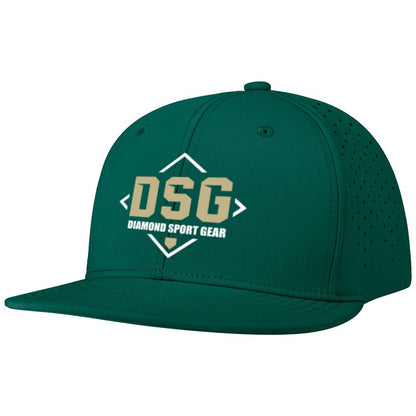 The Champro Sports Diamond Sport Gear DSG Ultima Snapback Hat (HC10-DSG) is a green, flat-brim cap made from stretch fabric, featuring large gold DSG and small white Diamond Sport Gear text inside a diamond outline on the front.