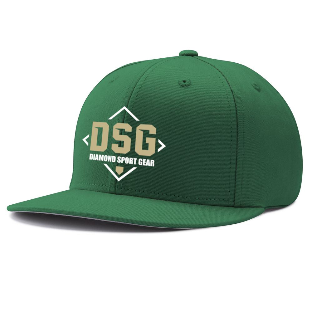 The Champro Sports Diamond Sport Gear DSG Pennant Snapback Hat (HC4-DSG) is green with a flat brim, featuring large tan DSG letters, "Diamond Sport Gear" in white below, and a white diamond outline—all in sharp 3D embroidery on the front.