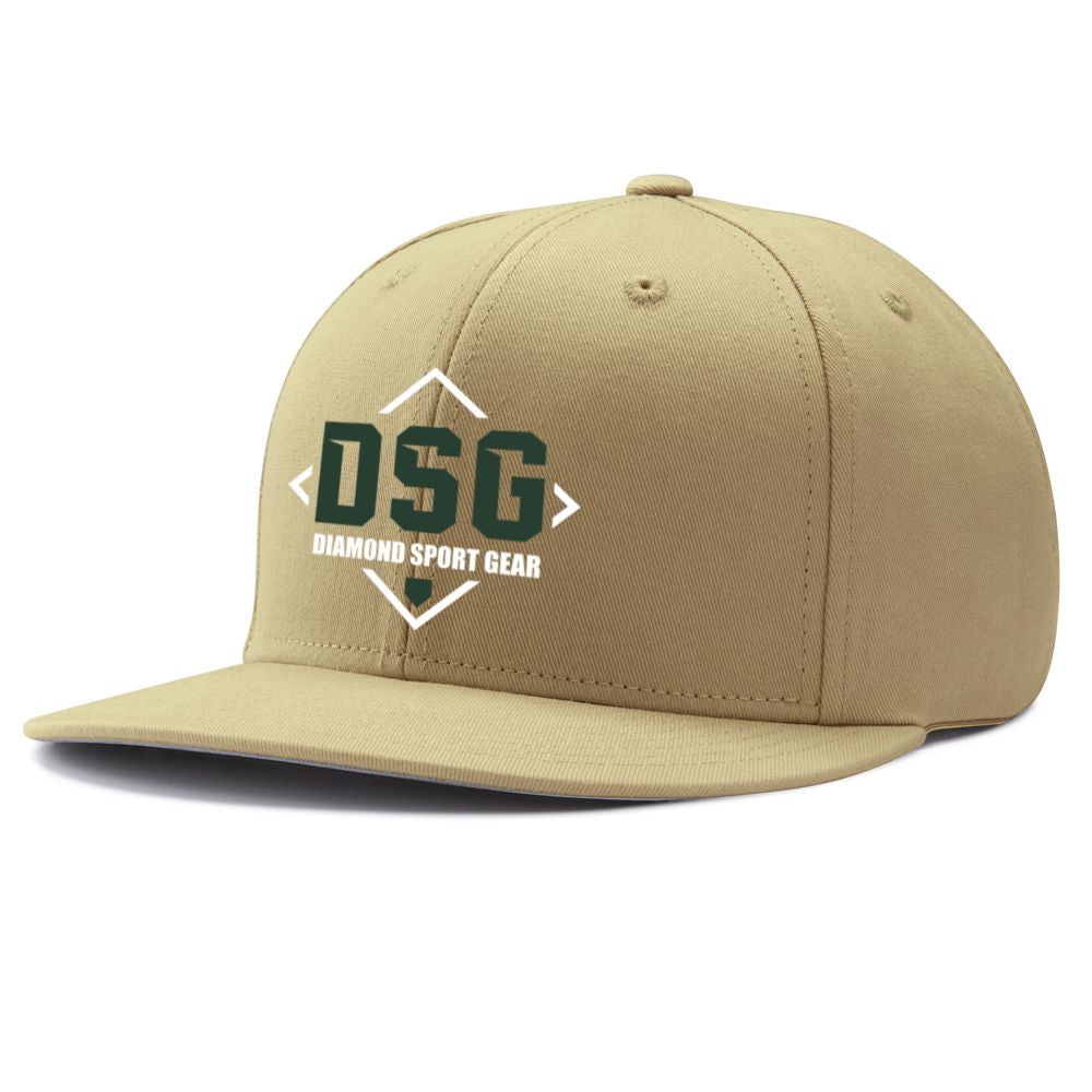 The Champro Sports Diamond Sport Gear DSG Pennant Snapback Hat (HC4-DSG) features a tan flat brim and front 3D embroidery with the DSG logo in green and "Diamond Sport Gear" in white—perfect for baseball fans.