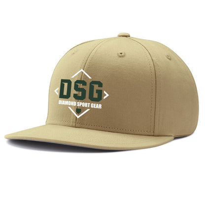 The Champro Sports Diamond Sport Gear DSG Pennant Snapback Hat (HC4-DSG) features a tan flat brim and front 3D embroidery with the DSG logo in green and "Diamond Sport Gear" in white—perfect for baseball fans.