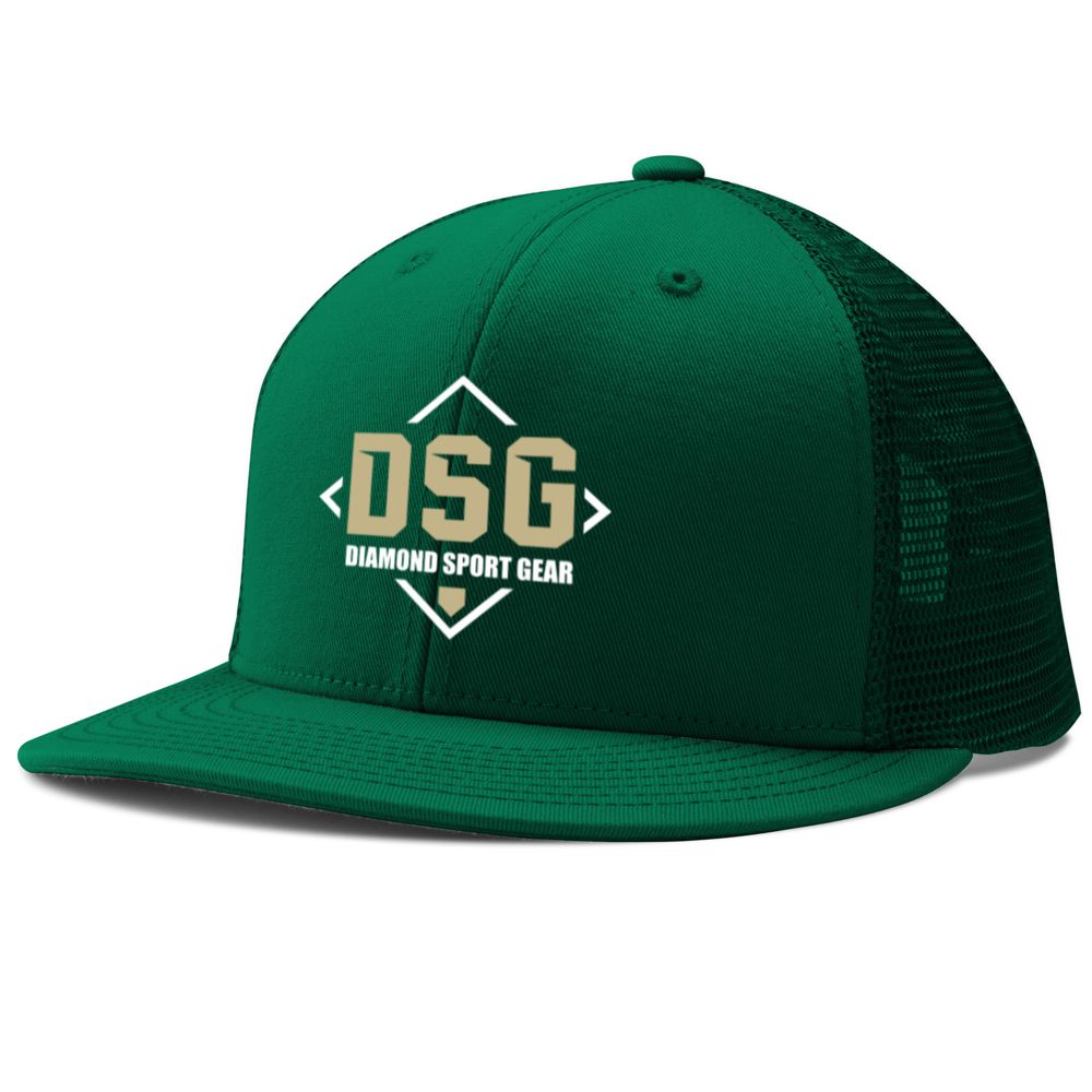 The Champro Sports Diamond Sport Gear DSG Performance Trucker Snapback Hat (HC5-DSG) in dark green features a flat brim, mesh back, and 3D embroidered gold and white DSG Diamond Sport Gear logo on the front.