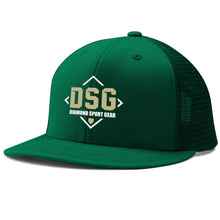 The Champro Sports Diamond Sport Gear DSG Performance Trucker Snapback Hat (HC5-DSG) in dark green features a flat brim, mesh back, and 3D embroidered gold and white DSG Diamond Sport Gear logo on the front.