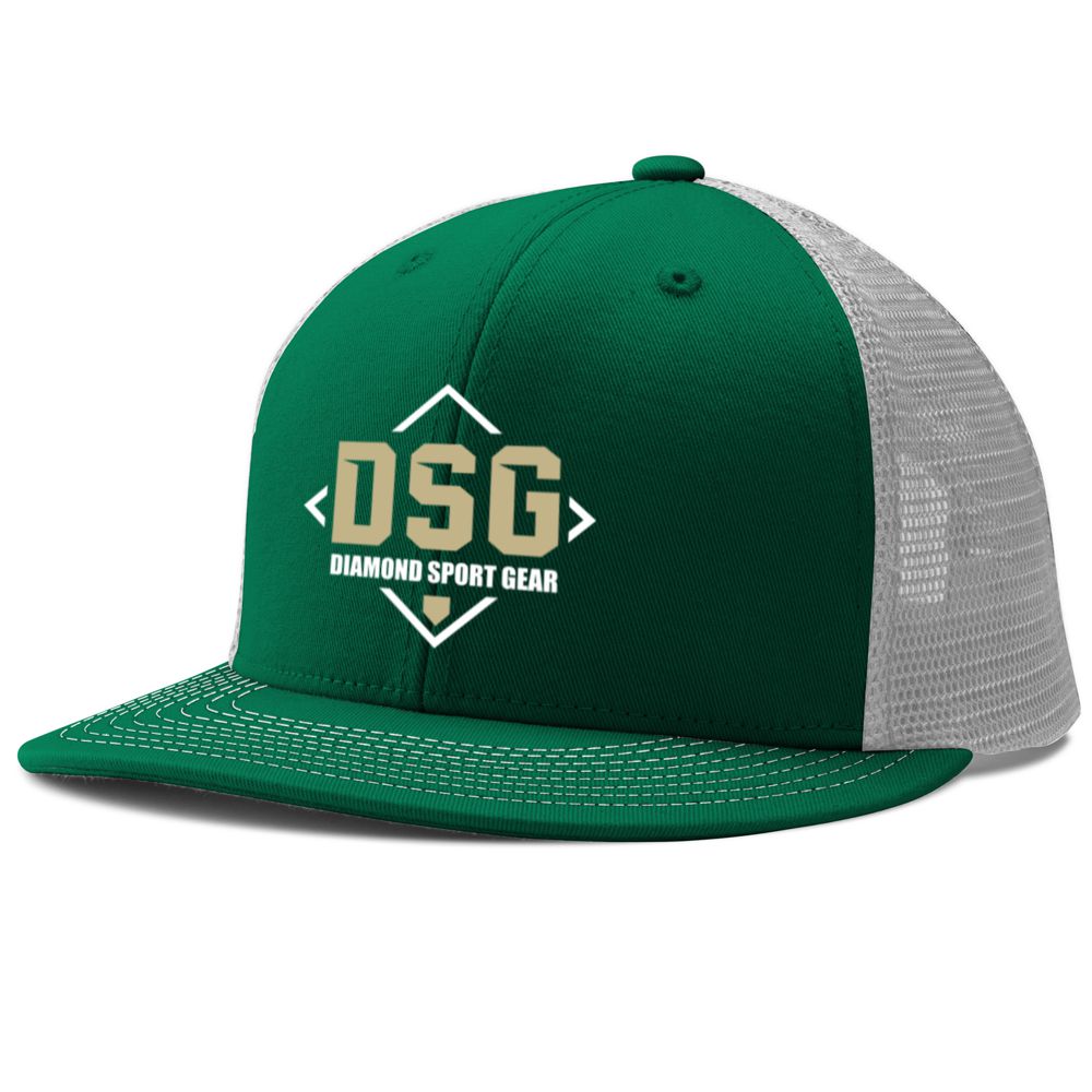 The Champro Sports Diamond Sport Gear DSG Performance Trucker Snapback Hat: HC5-DSG in Dark Green-White has a flat brim and 3D embroidered gold and white DSG logo on the front, framed by a geometric diamond outline.