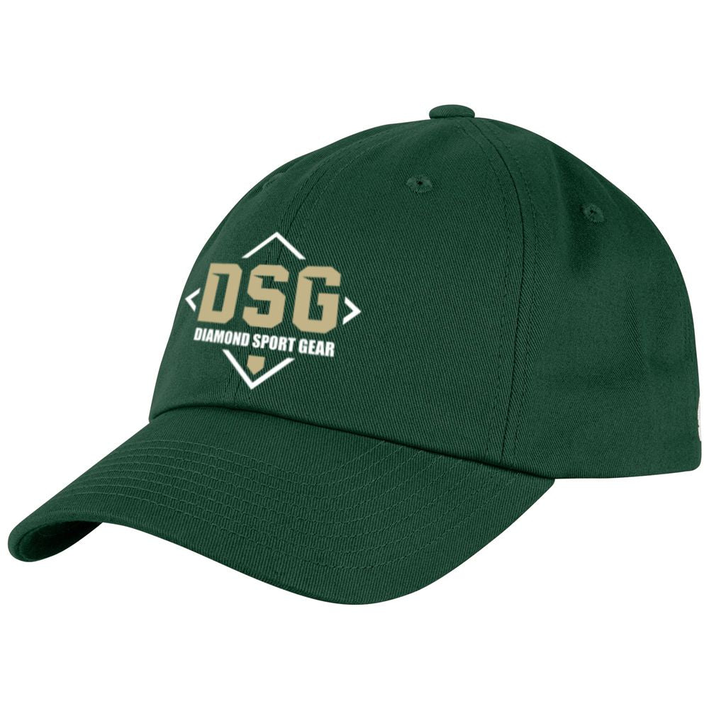 The Champro Sports Diamond Sport Gear DSG Classic Hat (HC9-DSG) is a dark green cap with 3D beige and white "DSG" embroidery and "Diamond Sport Gear" framed in a diamond outline on the front panel.
