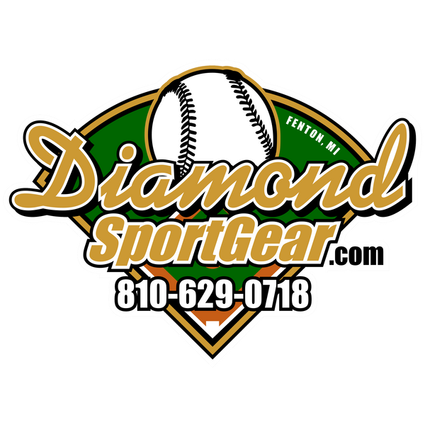 Logo for Diamond SportGear.com featuring a baseball over a green diamond field, with Fenton, MI and the phone number 810-629-0718. The text is in gold, white, and black.