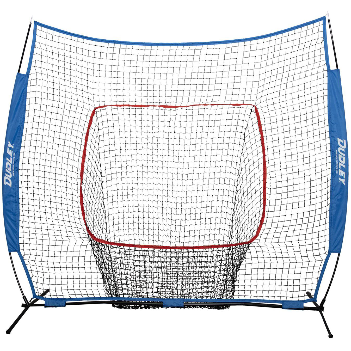 The Dudley Hitting Station (Net, Tee & Ball Caddy): DSPNET is a large, freestanding softball training net with a rectangular target and blue side supports, ideal for catching balls during hitting or pitching drills.