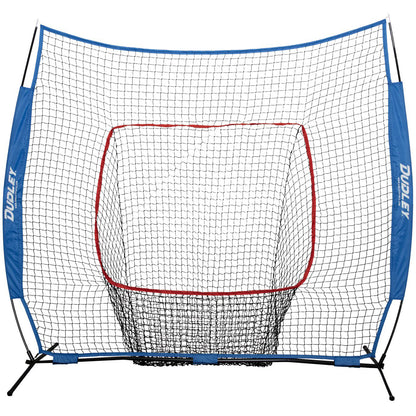 The Dudley Hitting Station (Net, Tee & Ball Caddy): DSPNET is a large, freestanding softball training net with a rectangular target and blue side supports, ideal for catching balls during hitting or pitching drills.