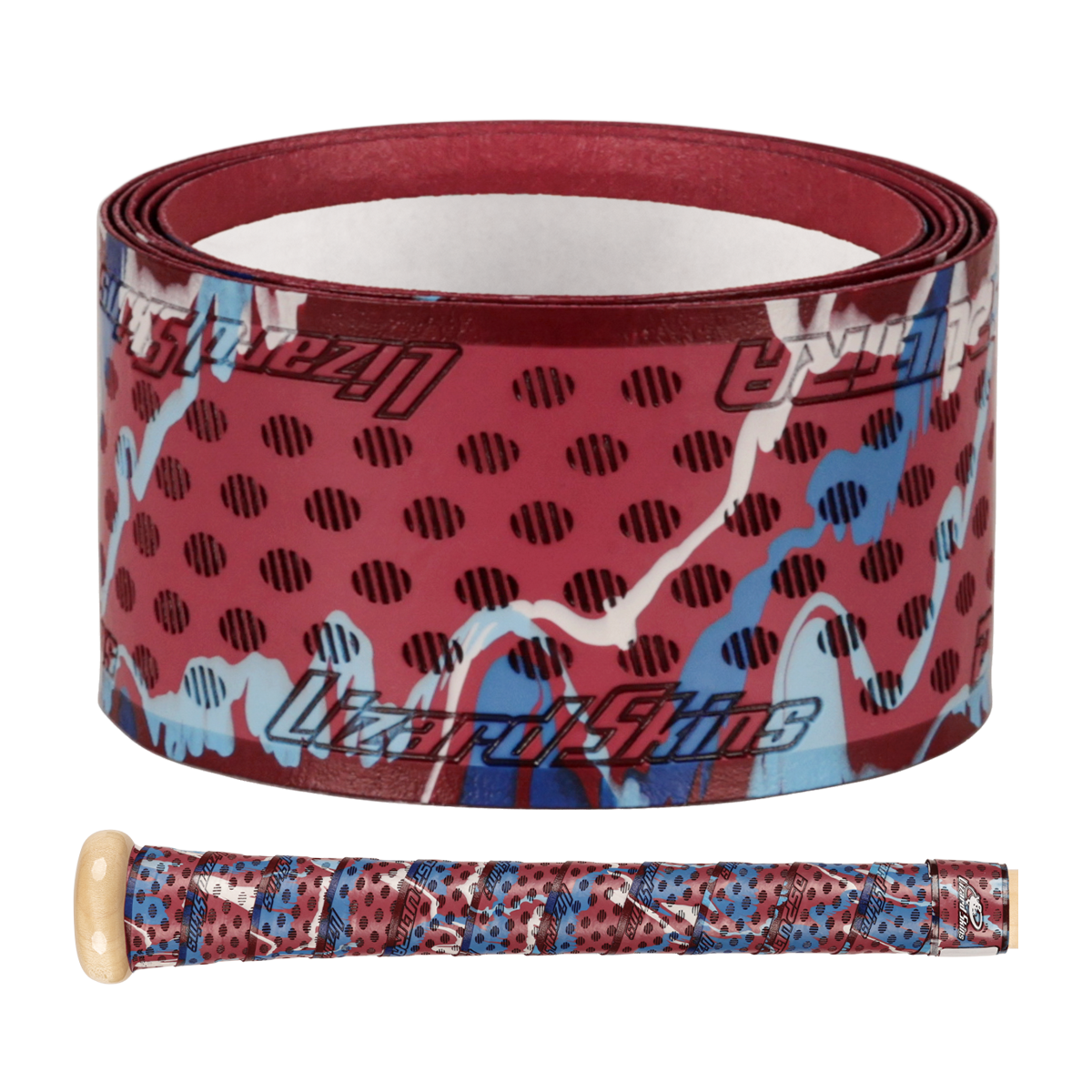 The Lizard Skins DSP Ultra Camo 1.1mm Bat Grip features a red, blue, and black abstract spotted design, shown both rolled up and wrapped around a wooden bat handle.