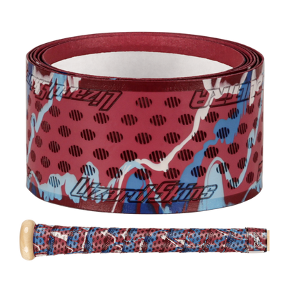 The Lizard Skins DSP Ultra Camo 1.1mm Bat Grip features a red, blue, and black abstract spotted design, shown both rolled up and wrapped around a wooden bat handle.