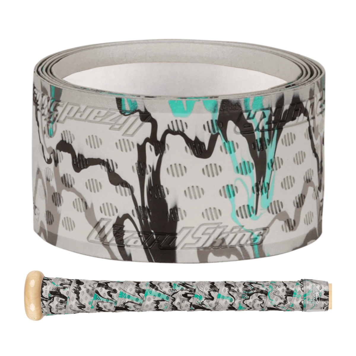 A roll of Lizard Skins DSP Ultra Camo 1.1mm Bat Grip with abstract black, gray, and teal patterns sits beside a wooden bat handle wrapped in the same grip, creating a sleek and stylish look.