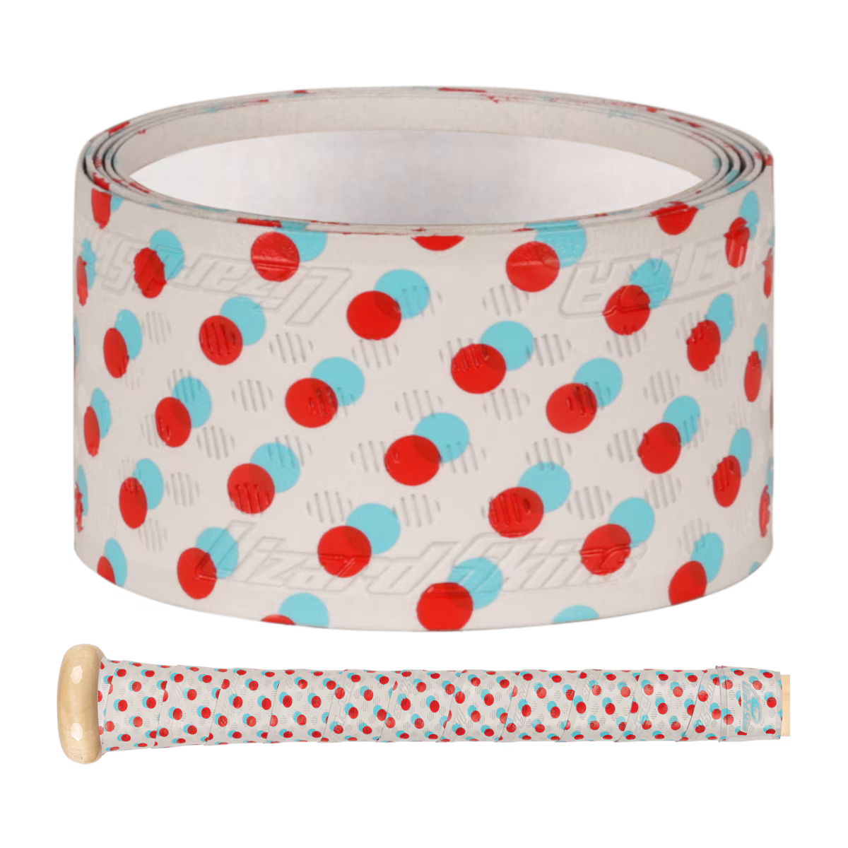 A roll of Lizard Skins DSP Ultra Outburst 1.1mm Bat Grip in 3D Effect, with polymer durability, is wrapped around a bike handlebar below.