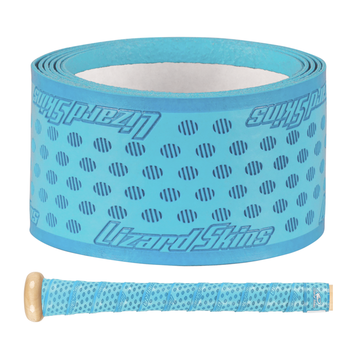 A roll of Lizard Skins DSP Ultra Solid 1.1mm Bat Grip in bright blue, featuring diagonal cutouts and logo, shown next to a baseball bat handle wrapped in the same stylish Lizard Skins grip.
