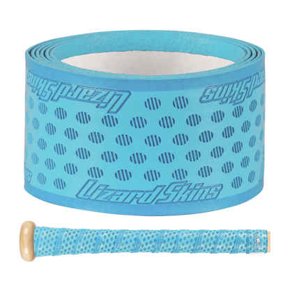 A roll of Lizard Skins DSP Ultra Solid 1.1mm Bat Grip in bright blue, featuring diagonal cutouts and logo, shown next to a baseball bat handle wrapped in the same stylish Lizard Skins grip.