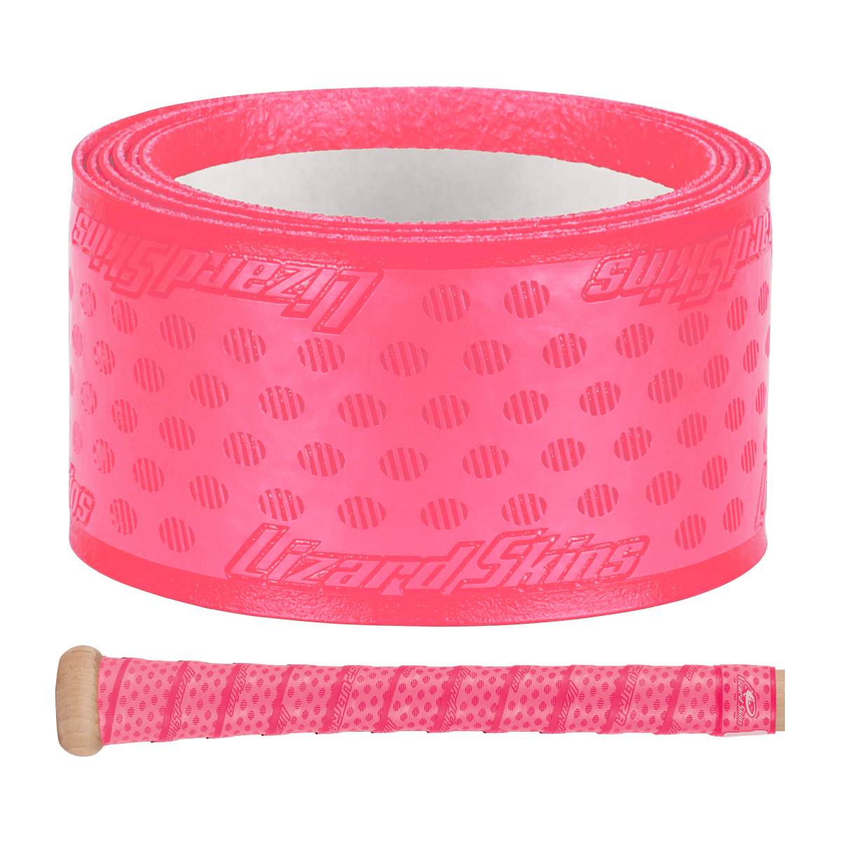 A roll of Lizard Skins DSP Ultra Solid 1.1mm Bat Grip in bright pink, featuring textured dots and diagonal lines, is displayed above a wooden handle wrapped in the same vibrant grip from Lizard Skins.