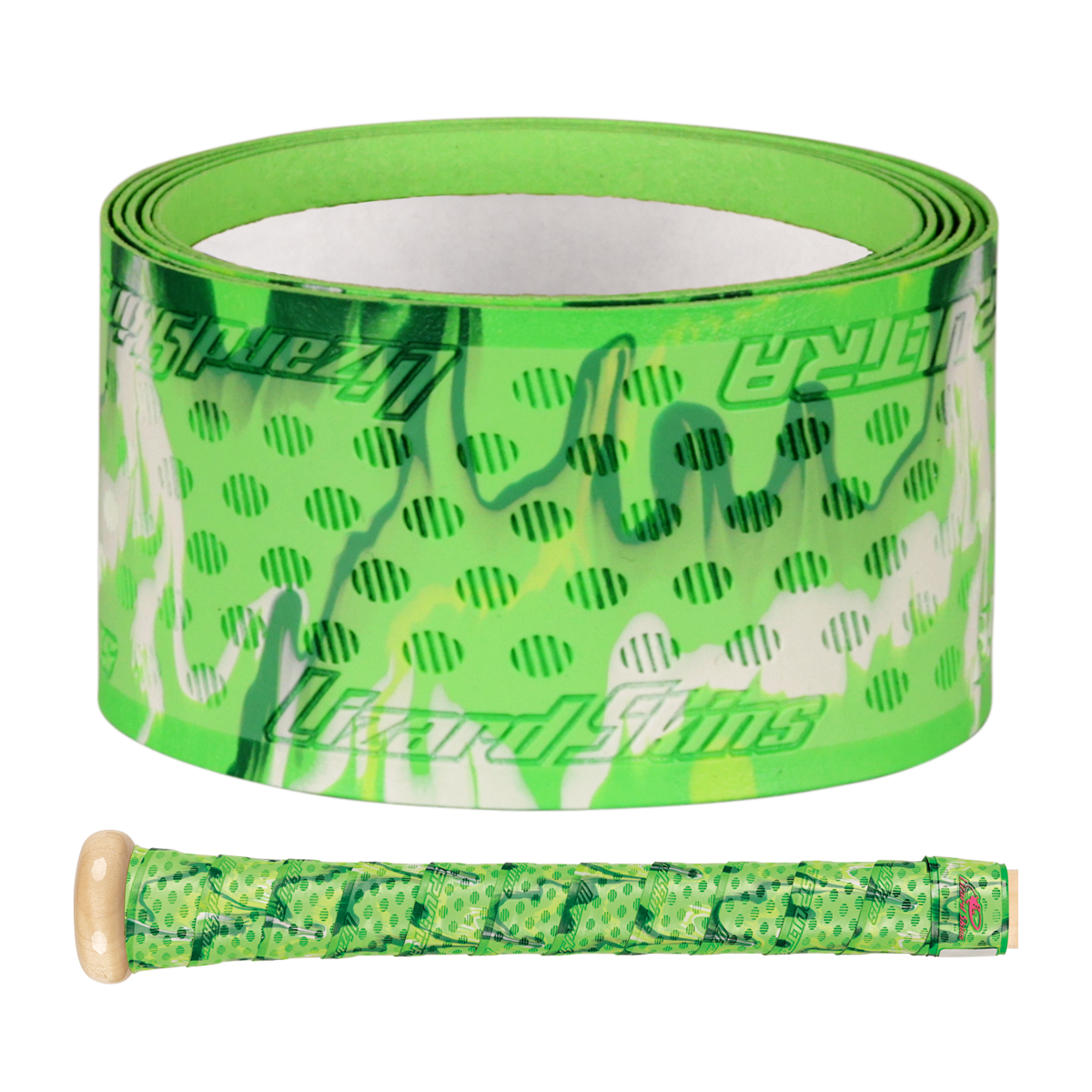 A roll of Lizard Skins DSP Ultra Camo 1.1mm Bat Grip in green and white with "United Stims" text, plus a close-up of a bat handle wrapped in the same Lizard Skins grip.