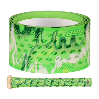 A roll of Lizard Skins DSP Ultra Camo 1.1mm Bat Grip in green and white with "United Stims" text, plus a close-up of a bat handle wrapped in the same Lizard Skins grip.