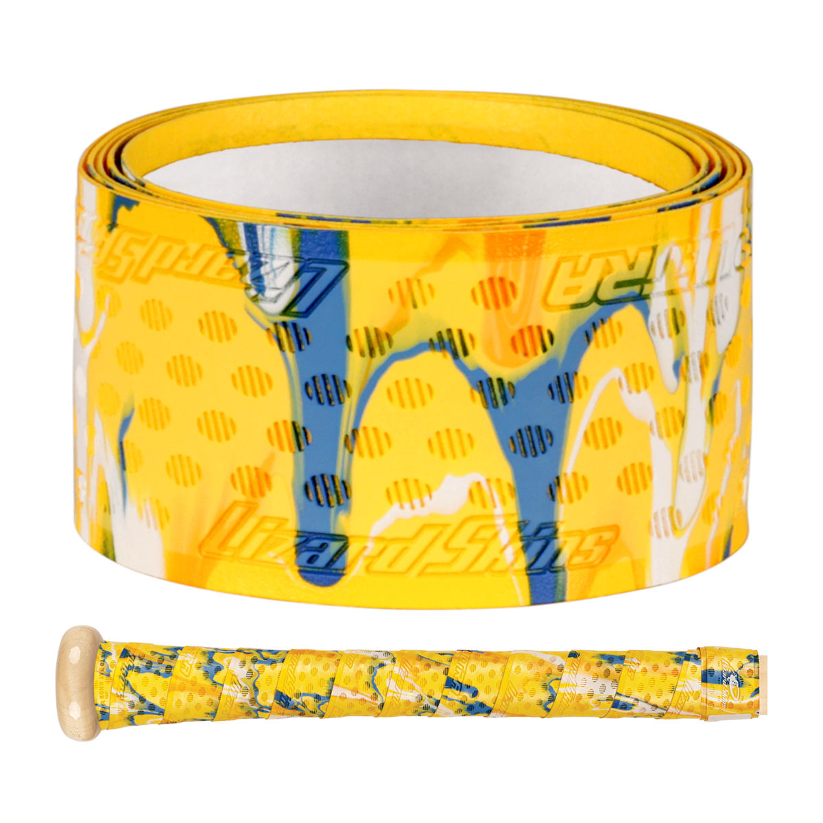 A roll of Lizard Skins DSP Ultra Camo 1.1mm Bat Grip in yellow with blue, white, and orange abstract patterns is shown next to a baseball bat handle wrapped with the same colorful grip by Lizard Skins.