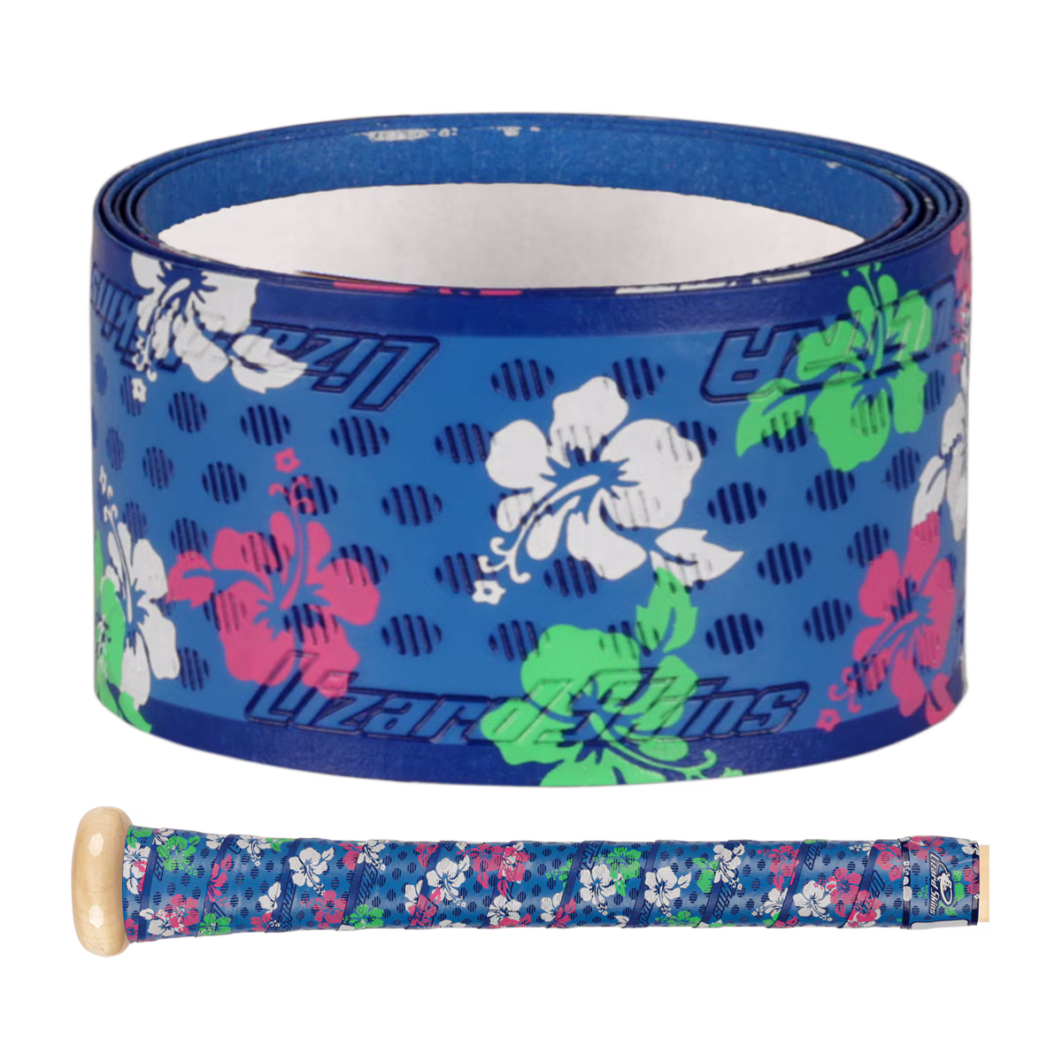 The Lizard Skins DSP Ultra Outburst 1.1mm Bat Grip in Blue Floral features pink, green, and white hibiscus accents with a subtle logo pattern for durable polymer grip—perfect for any baseball fan, shown rolled up or on a bat handle.