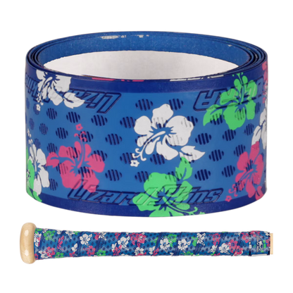The Lizard Skins DSP Ultra Outburst 1.1mm Bat Grip in Blue Floral features pink, green, and white hibiscus accents with a subtle logo pattern for durable polymer grip—perfect for any baseball fan, shown rolled up or on a bat handle.