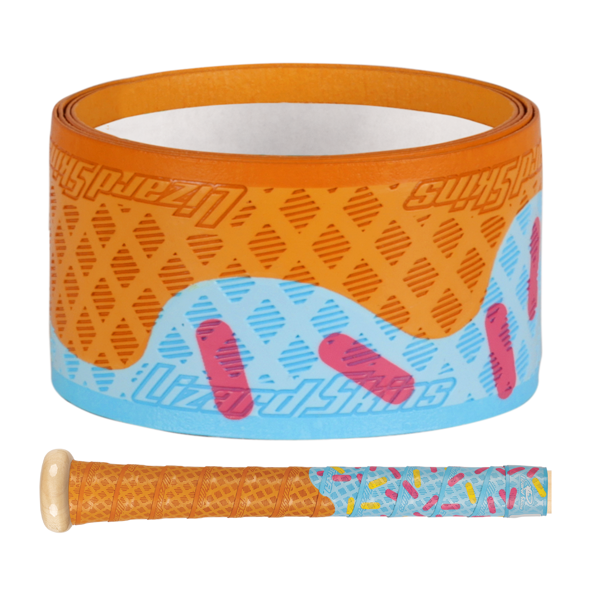 The Lizard Skins DSP Ultra Outburst 1.1mm Bat Grip in Blue Scoop features a waffle cone and sprinkles design, shown rolled up above a matching-wrapped bat handle, resembling an ice cream cone and offering superior polymer durability.