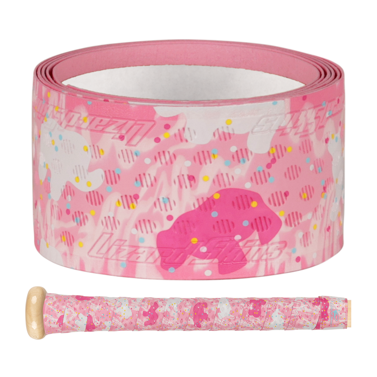 The Lizard Skins DSP Ultra Outburst 1.1mm Bat Grip in Frosted Cookies features pastel colors, fun shapes, and sprinkle patterns, shown on a close-up baseball bat handle, highlighting durable polymer by Lizard Skins.