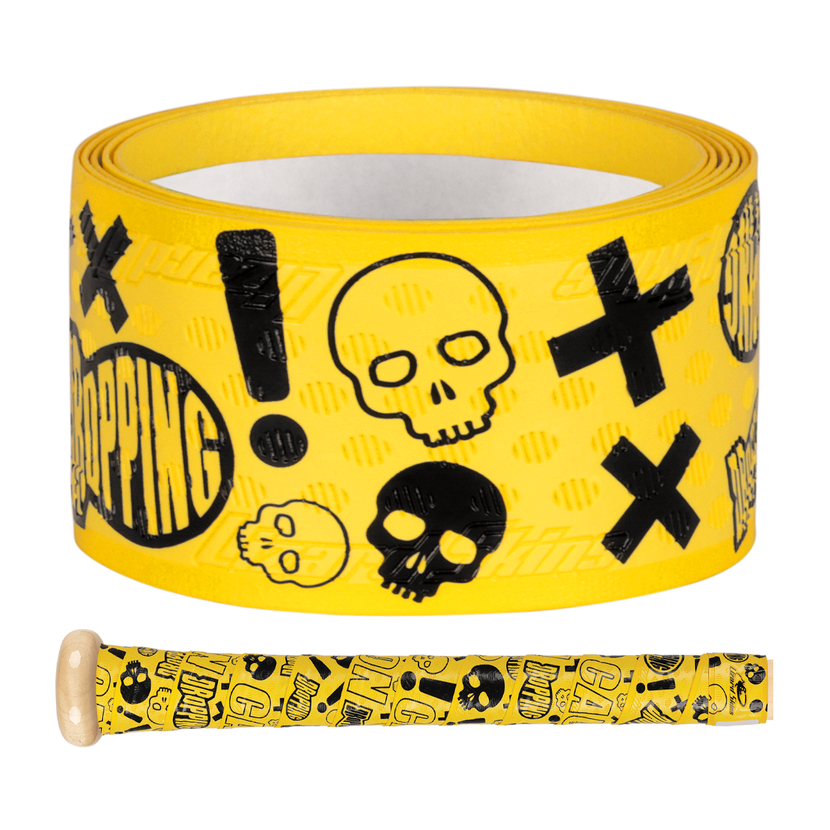 The Lizard Skins DSP Ultra Outburst 1.1mm Bat Grip in Dropping Bombs features durable polymer with bold black graphics and is shown both rolled and wrapped on a bat to enhance your grip.