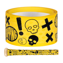 The Lizard Skins DSP Ultra Outburst 1.1mm Bat Grip in Dropping Bombs features durable polymer with bold black graphics and is shown both rolled and wrapped on a bat to enhance your grip.