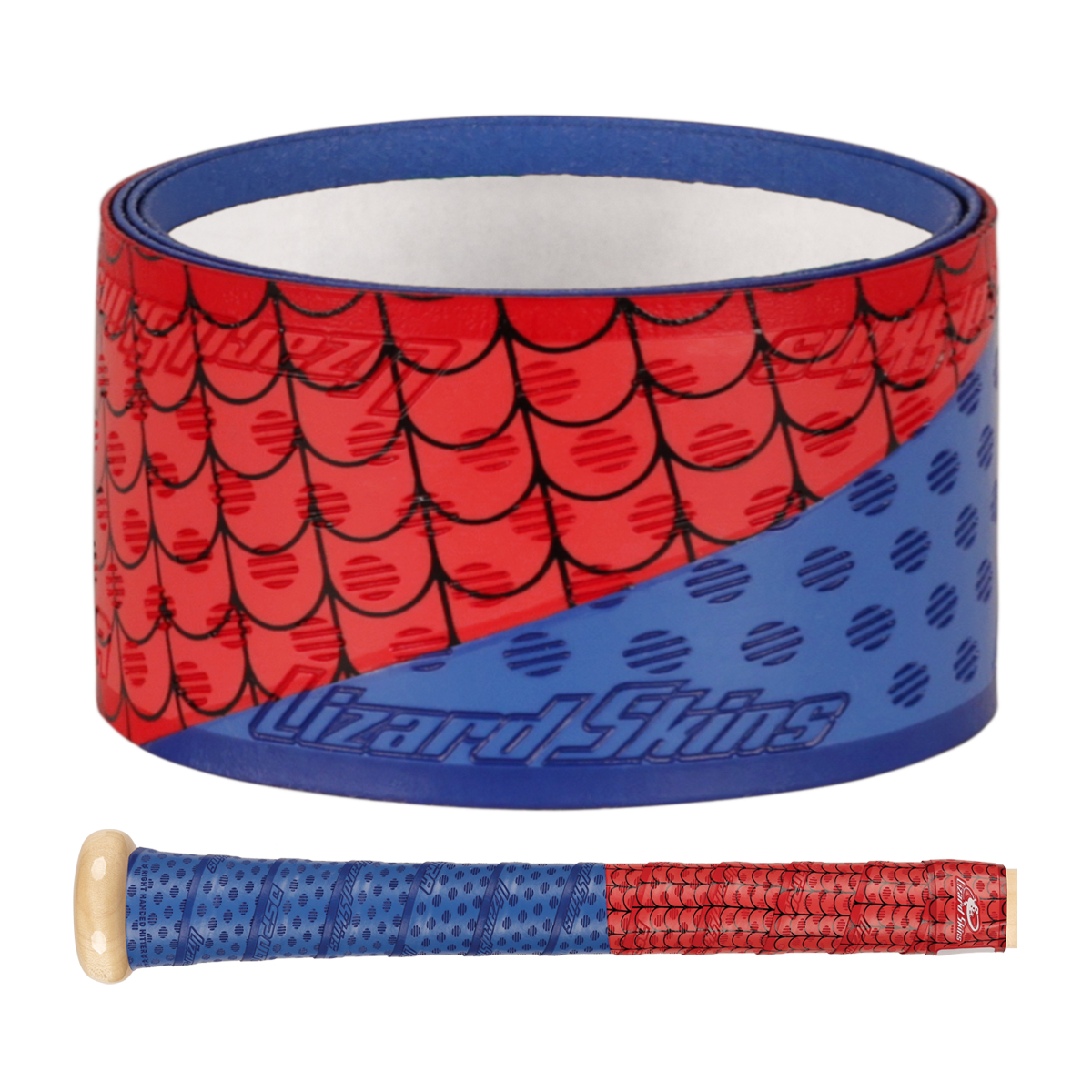 The Lizard Skins DSP Ultra Outburst 1.1mm Bat Grip, shown in the Friendly Crawler color with a scale-like pattern, is displayed both rolled up and wrapped on a bat handle; Lizard Skins is trusted by Major League Baseball players for its durability.