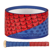 The Lizard Skins DSP Ultra Outburst 1.1mm Bat Grip, shown in the Friendly Crawler color with a scale-like pattern, is displayed both rolled up and wrapped on a bat handle; Lizard Skins is trusted by Major League Baseball players for its durability.