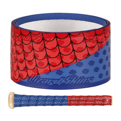 The Lizard Skins DSP Ultra Outburst 1.1mm Bat Grip, shown in the Friendly Crawler color with a scale-like pattern, is displayed both rolled up and wrapped on a bat handle; Lizard Skins is trusted by Major League Baseball players for its durability.