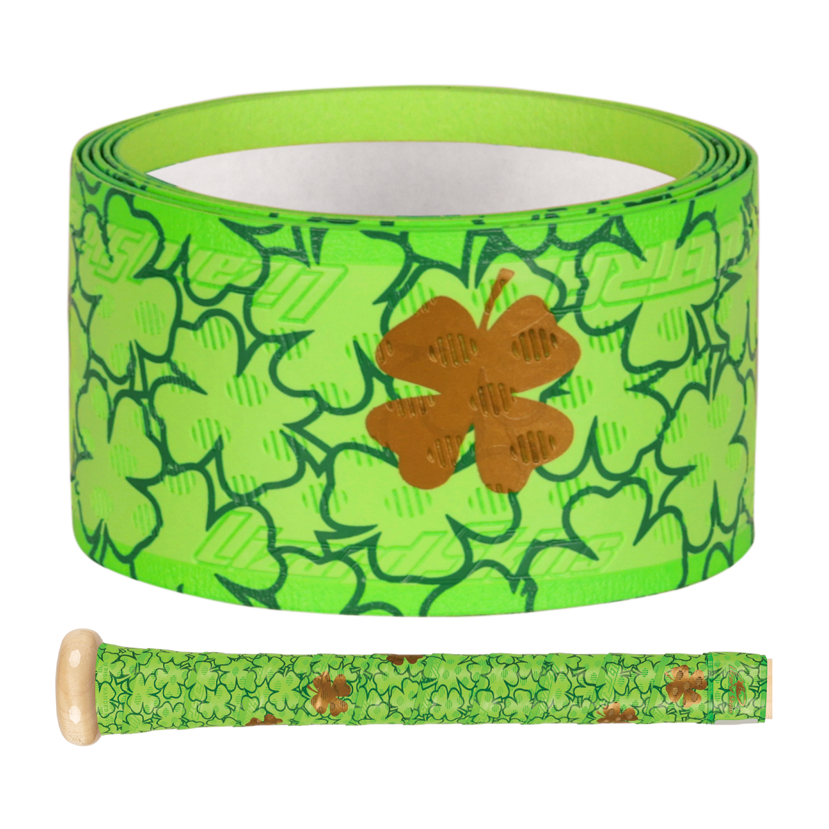 The Lizard Skins DSP Ultra Outburst 1.1mm Bat Grip in Four Leaf features light and dark green shamrocks with a gold four-leaf clover accent, offering premium polymer durability trusted by Major League Baseball pros.