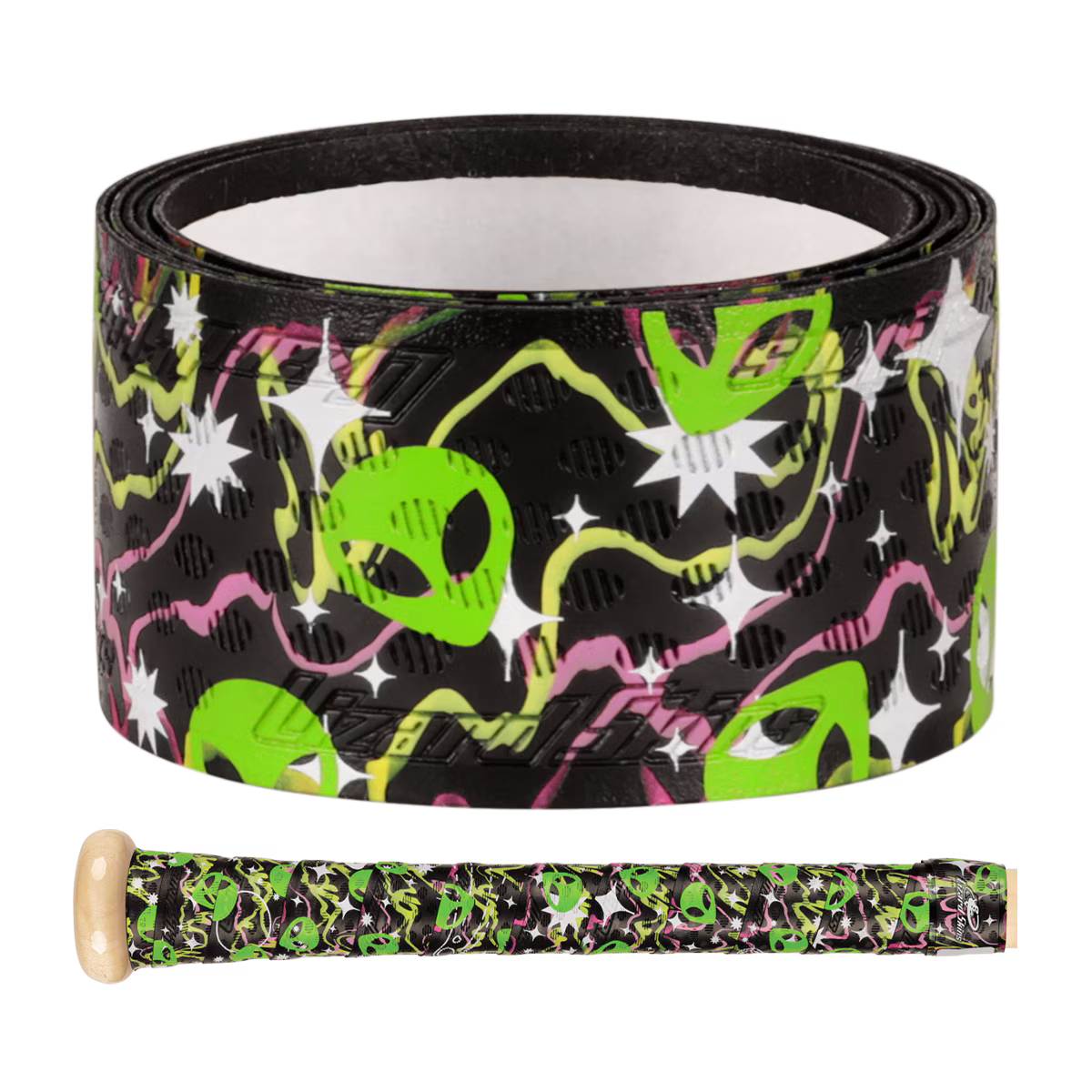 The Lizard Skins DSP Ultra Outburst 1.1mm Bat Grip in Galaxy Visitor features green alien heads, white stars, and pink squiggles on a black background, shown wrapped on a wooden bat. Durable polymer construction by Lizard Skins.