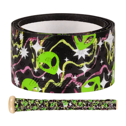 The Lizard Skins DSP Ultra Outburst 1.1mm Bat Grip in Galaxy Visitor features green alien heads, white stars, and pink squiggles on a black background, shown wrapped on a wooden bat. Durable polymer construction by Lizard Skins.