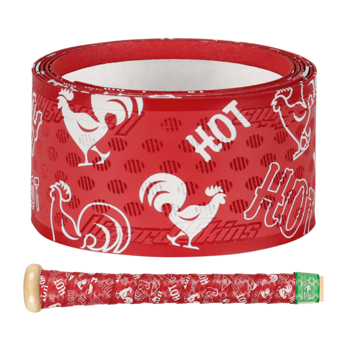 The Lizard Skins DSP Ultra Outburst 1.1mm Bat Grip in Hot Stuff features white rooster details and "HOT" in bold, ensuring polymer durability. Shown wrapped on a bat handle. Ideal for Major League Baseball fans.