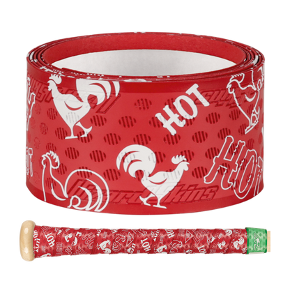 The Lizard Skins DSP Ultra Outburst 1.1mm Bat Grip in Hot Stuff features white rooster details and "HOT" in bold, ensuring polymer durability. Shown wrapped on a bat handle. Ideal for Major League Baseball fans.