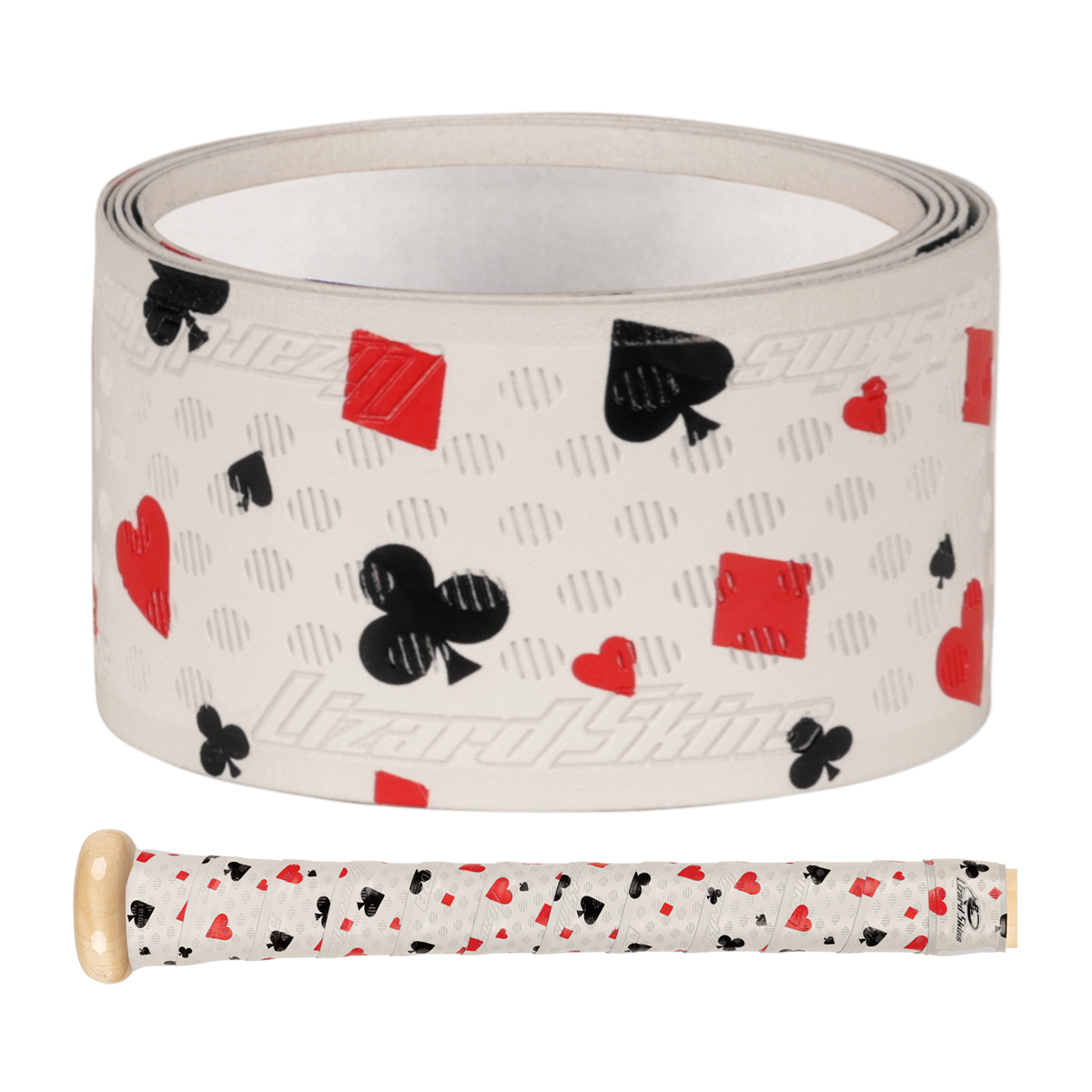 A Lizard Skins DSP Ultra Outburst 1.1mm Bat Grip in Hold’em White, featuring red and black playing card suits, is displayed beside a bike handle wrapped in the same durable polymer grip.