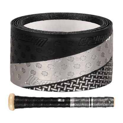 A Lizard Skins DSP Ultra Outburst 1.1mm Bat Grip in Mic Drop is displayed above a handle wrapped with the same grip, featuring a wood-colored knob and showcasing Lizard Skins polymer durability inspired by Major League standards.
