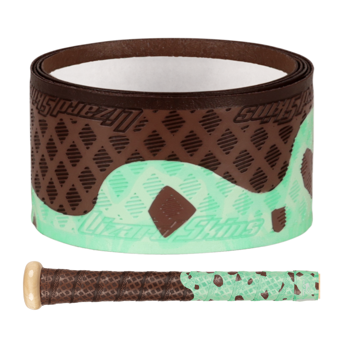 The Lizard Skins DSP Ultra Outburst 1.1mm Bat Grip in Mint Scoop—a mint green and brown design inspired by mint chocolate chip ice cream—features durable polymer and is shown next to a handle wrapped in the same MLB-style Lizard Skins tape.