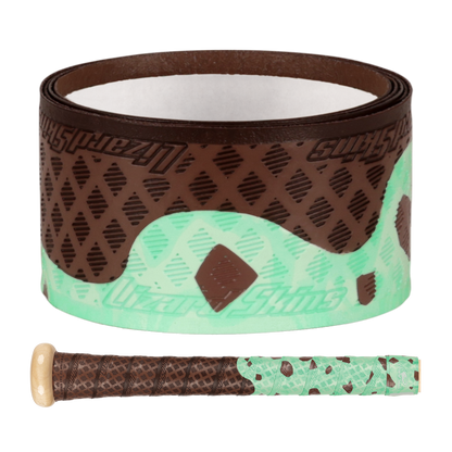 The Lizard Skins DSP Ultra Outburst 1.1mm Bat Grip in Mint Scoop—a mint green and brown design inspired by mint chocolate chip ice cream—features durable polymer and is shown next to a handle wrapped in the same MLB-style Lizard Skins tape.