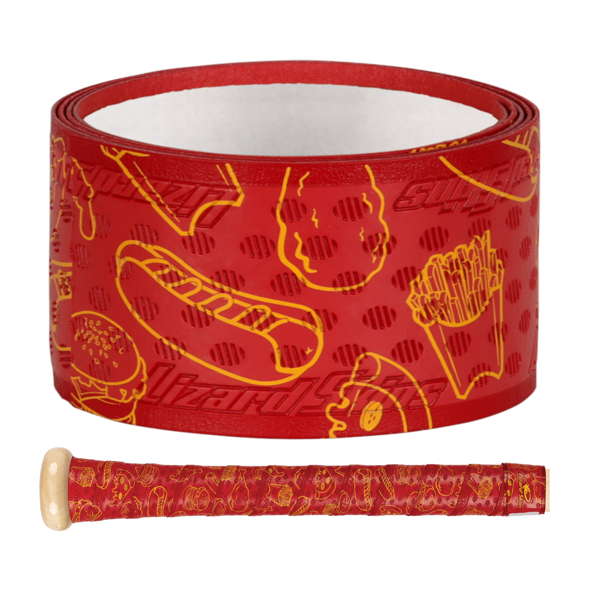 The Lizard Skins DSP Ultra Outburst 1.1mm Bat Grip in Stadium Eats features bright red grip tape with yellow fast food drawings—hot dog, burger, pizza, and fries. Durable polymer wrap is shown on a bat handle below. Brand: Lizard Skins.