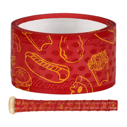 The Lizard Skins DSP Ultra Outburst 1.1mm Bat Grip in Stadium Eats features bright red grip tape with yellow fast food drawings—hot dog, burger, pizza, and fries. Durable polymer wrap is shown on a bat handle below. Brand: Lizard Skins.