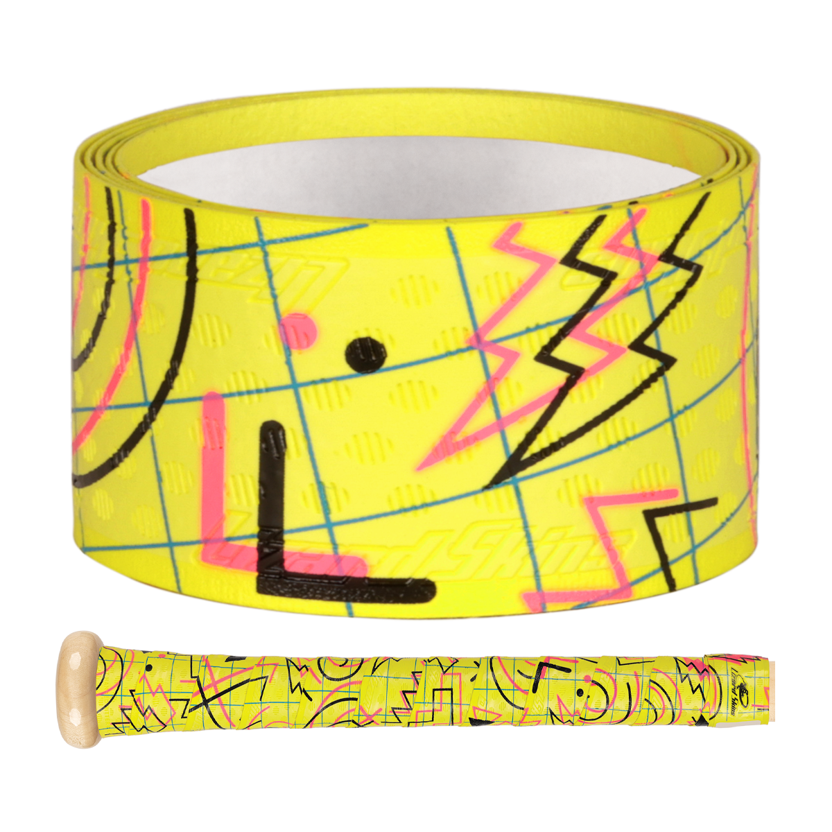 Lizard Skins DSP Ultra Outburst 1.1mm Bat Grip in Totally Tubular features yellow polymer tape with abstract pink, blue, and black geometric designs, offering durable performance inspired by bat grip tech; shown wrapped on a handlebar.
