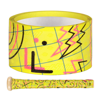 Lizard Skins DSP Ultra Outburst 1.1mm Bat Grip in Totally Tubular features yellow polymer tape with abstract pink, blue, and black geometric designs, offering durable performance inspired by bat grip tech; shown wrapped on a handlebar.