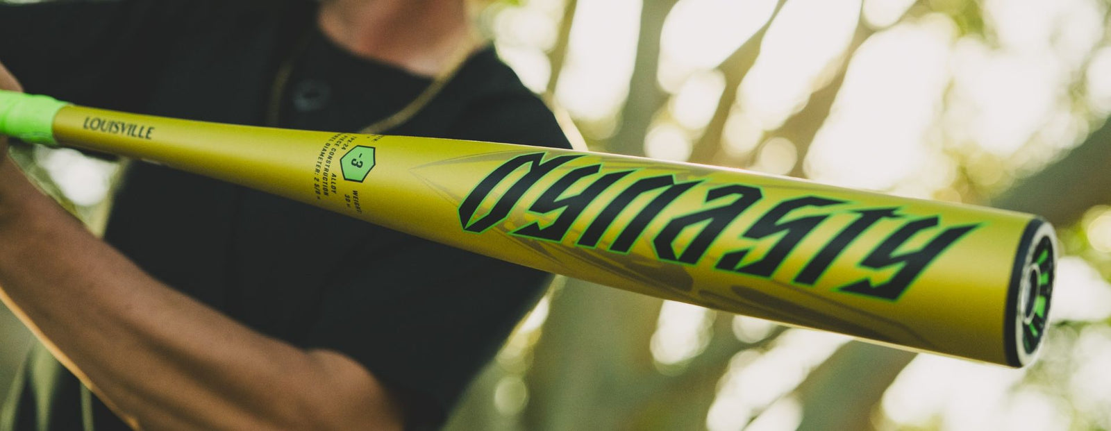 Close-up of a person holding a yellow baseball bat labeled DYNASTY in green letters, with the brand Louisville visible near the handle. The background is blurred with sunlight and trees.