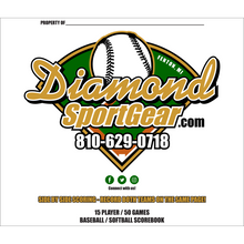 The My Scorebooks Diamond Sport Gear 15 Player Side by Side Scorebook (MSBXLG15) features a baseball logo on a white background—ideal for your lineup card or scorebook, capturing the true spirit of the game.