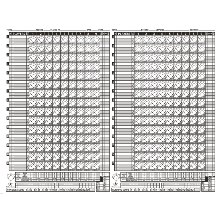 The My Scorebooks Diamond Sport Gear 15 Player Side by Side Scorebook (MSBXLG15) features two columns, space for 15 players, innings 1–10, running score, pitching stats, and spots for team info, date, umpires, and scorers.